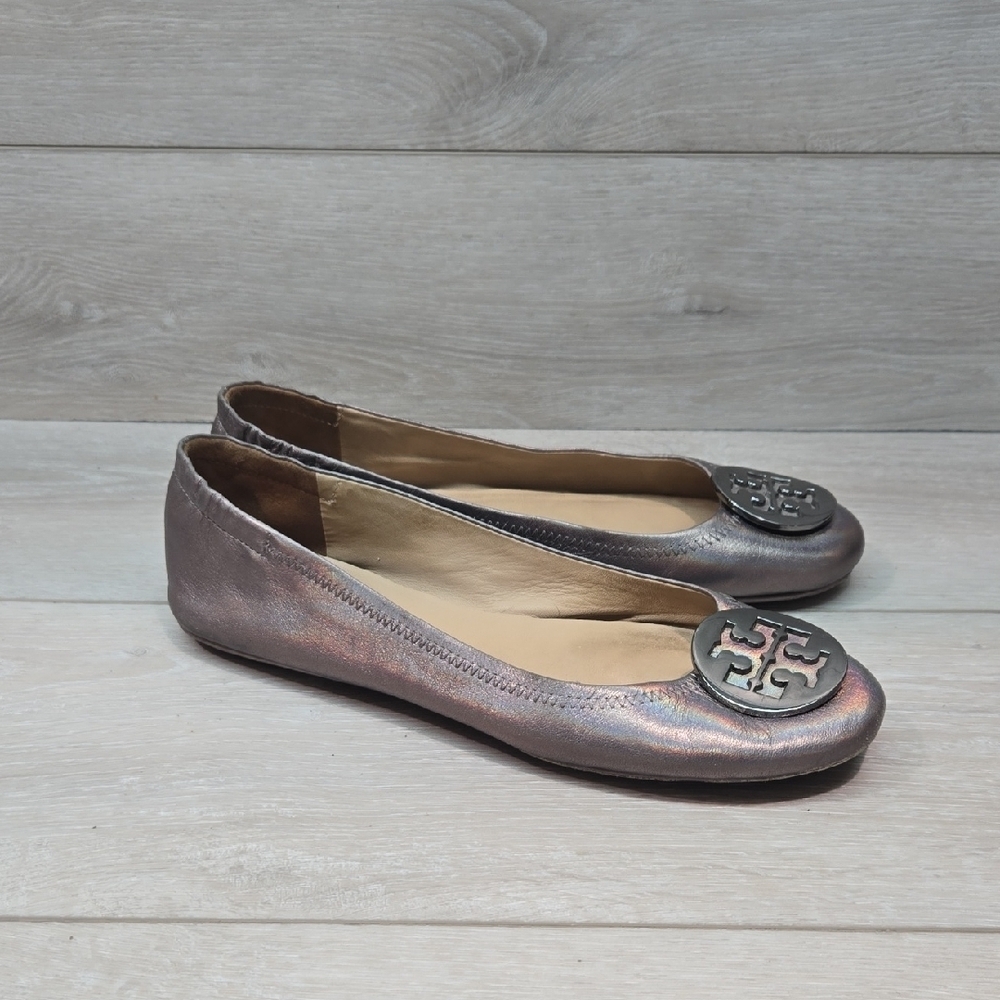 Tory Burch Metallic Ballet Flats Leather Logo Shoes Sz 9M